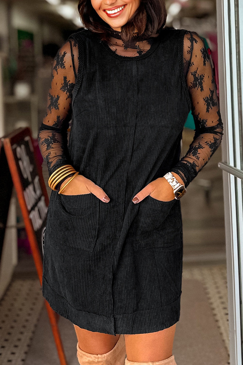 Black Corduroy Sleeveless Mini Dress With Patched Pockets