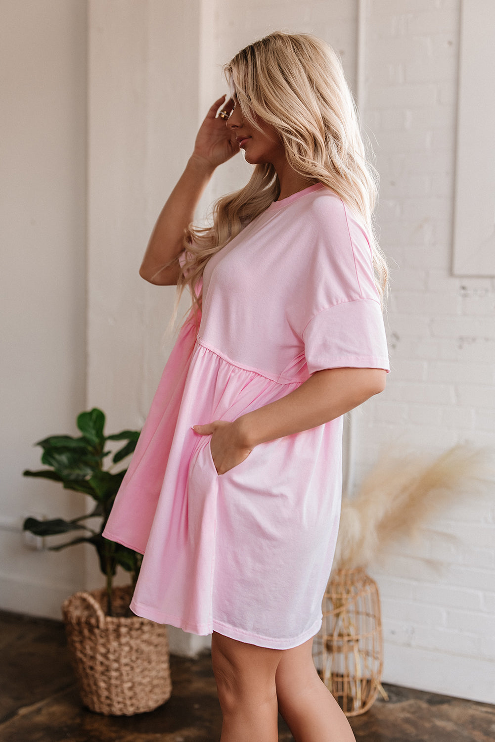 Moonlight Jade Solid Color Pocketed Raw Edge Babydoll Dress