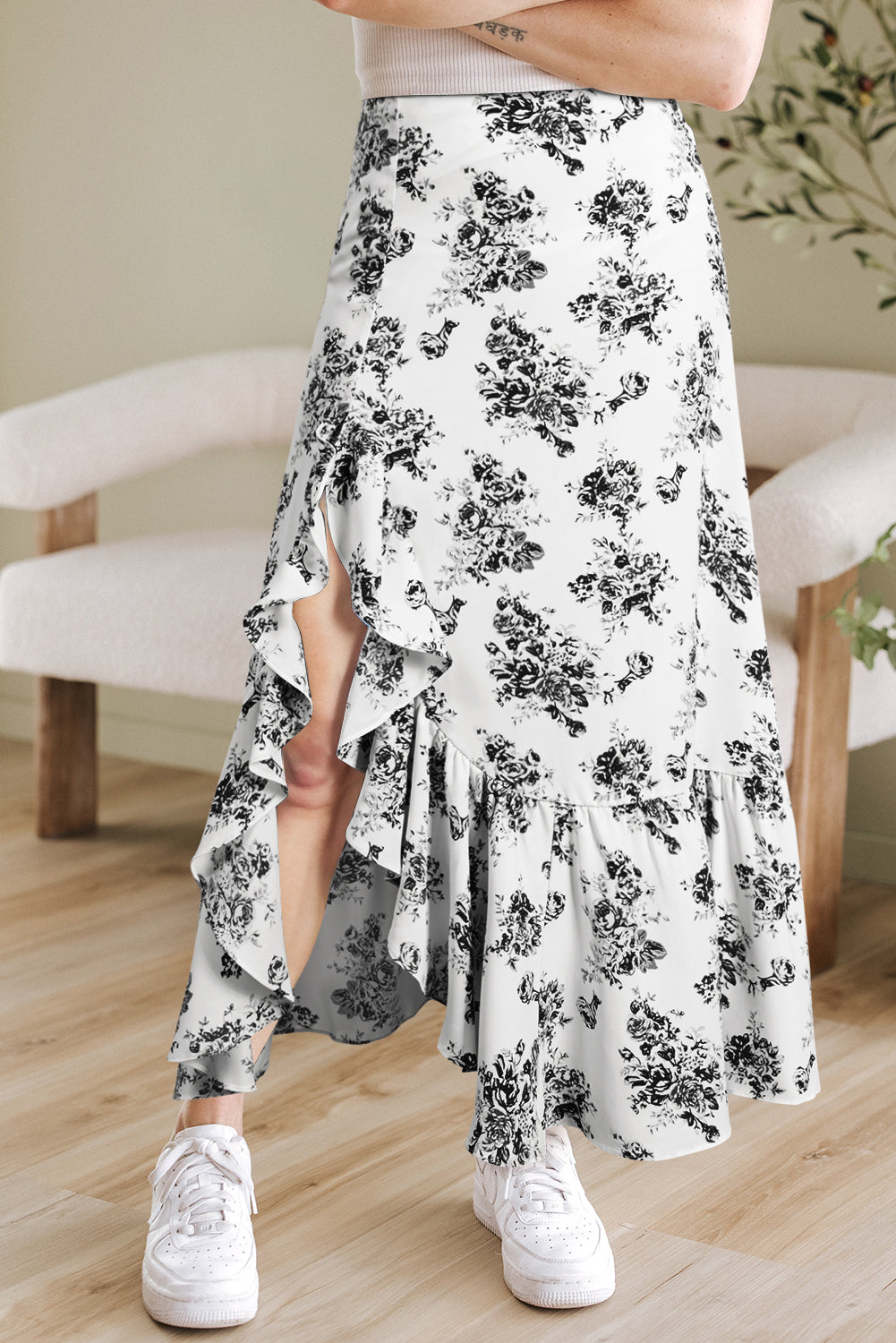 Rose Boho Floral High Waist Ruffle Split Maxi Skirt