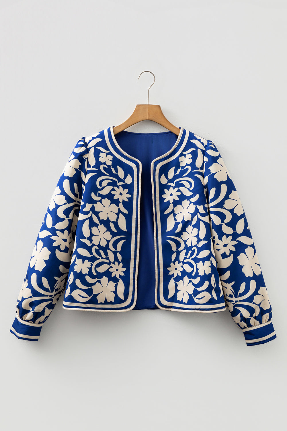 Blue Flower Print Open Front Buttoned Cuffs Elegant Jacket