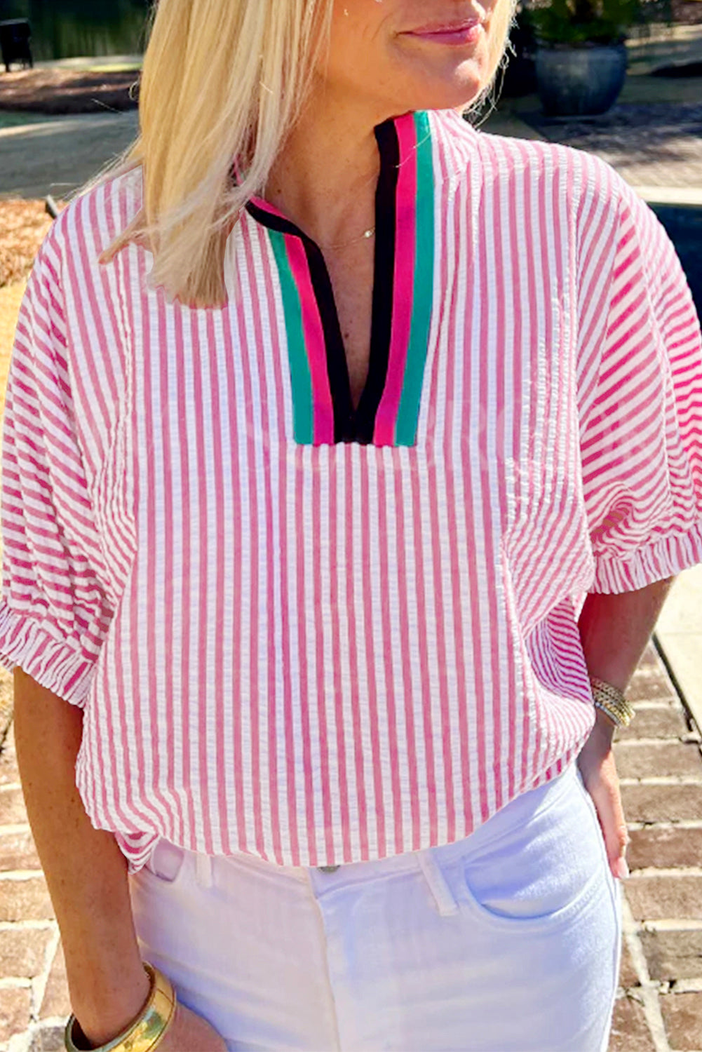 Sky Blue Striped Print Contrast Split Neck Dolman Sleeve Blouse