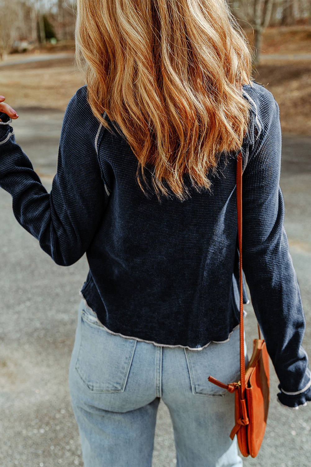Apricot Textured Round Neck Long Sleeve Top