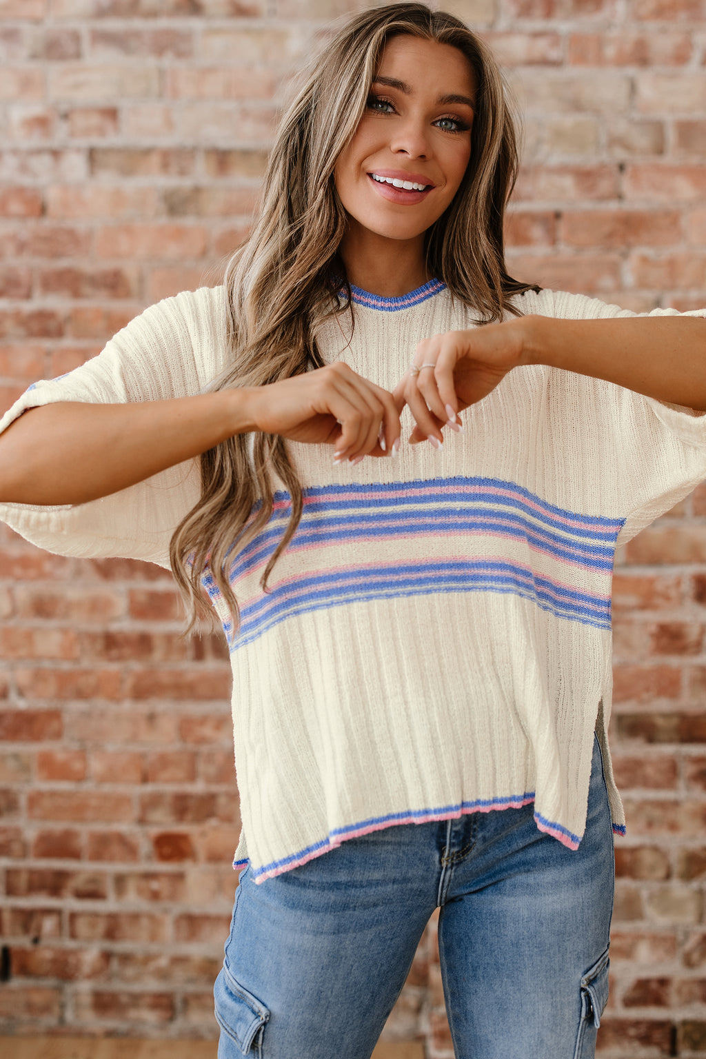 White Striped V Neck Dolman Sleeve Rib Knit Oversized Sweater with Slits