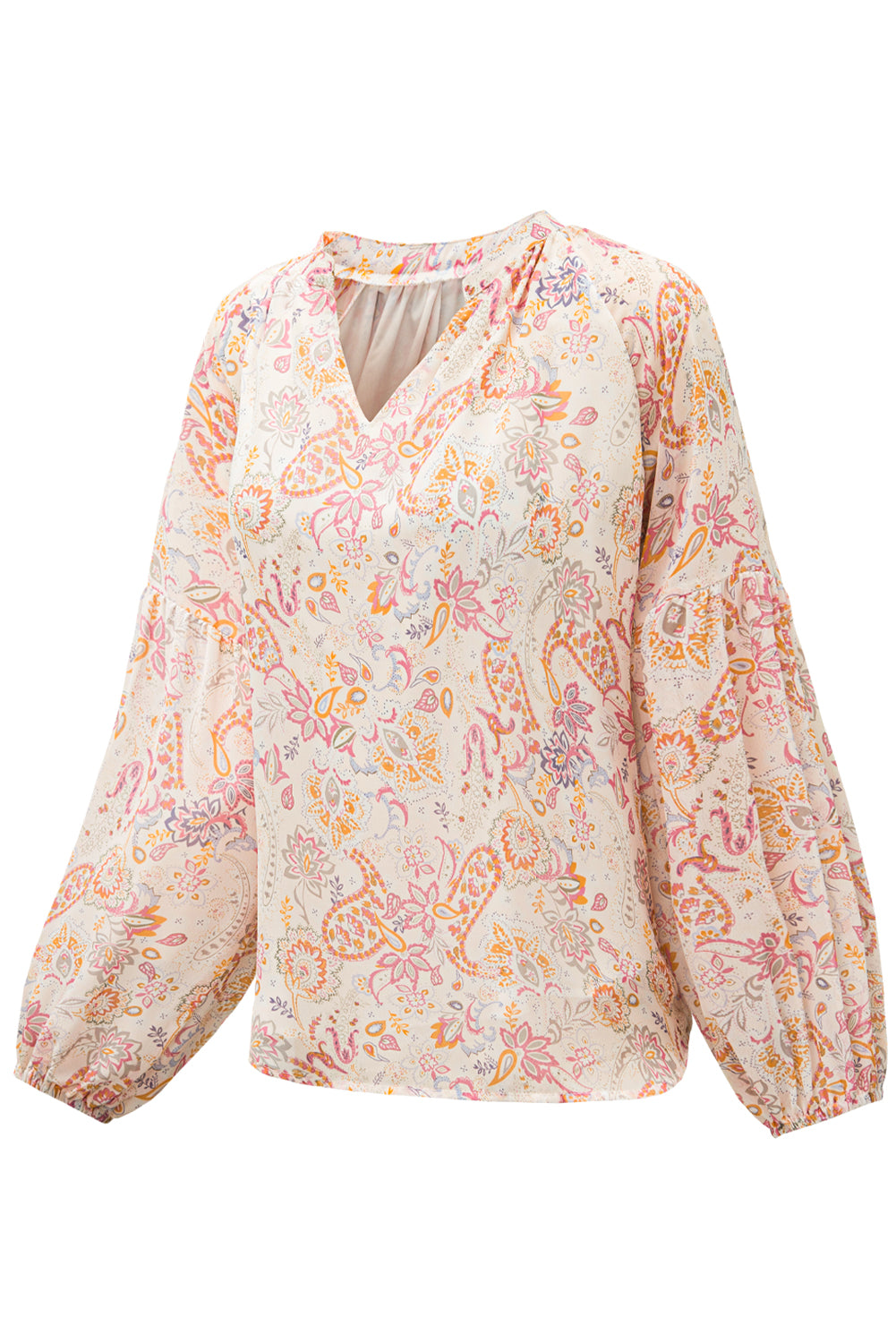 Yellow Floral Print V Neck Long Puff Sleeve Top