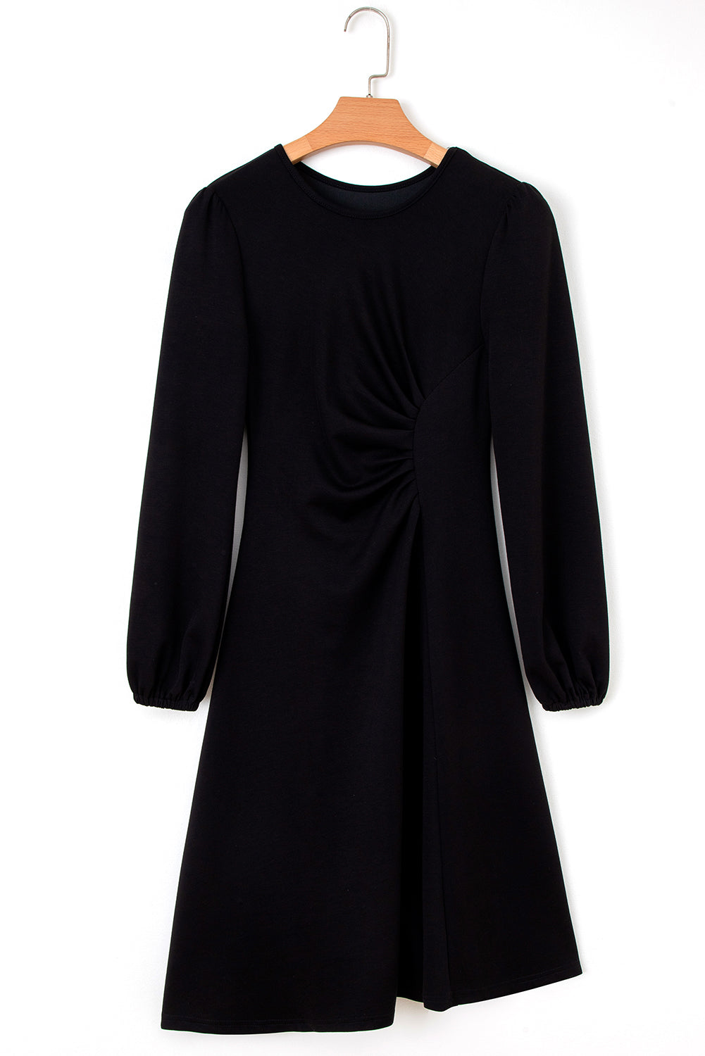 Black Solid Color Ruched Detail Long Sleeve Midi Dress