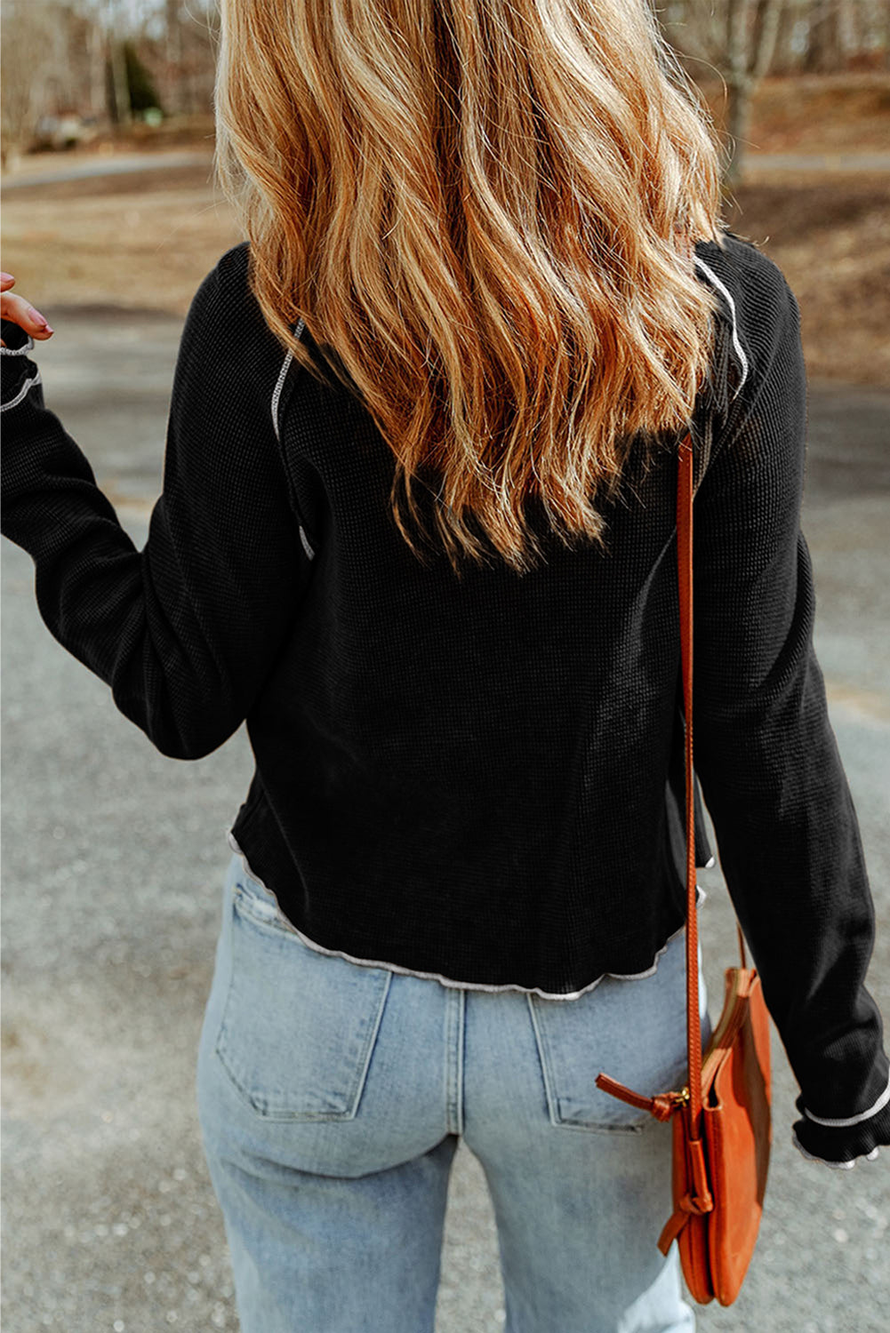 Apricot Textured Round Neck Long Sleeve Top