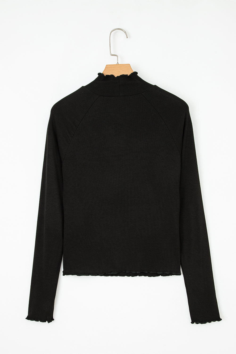 White Ribbed Knit Lettuce Trim High Neck Long Sleeve Top