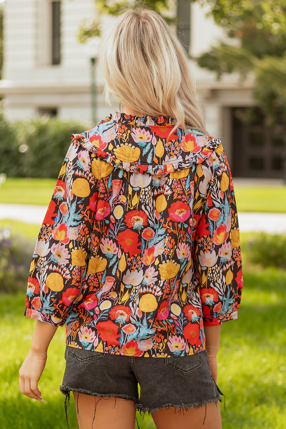 Black Floral 3/4 Puff Sleeve Tied Neck Blouse