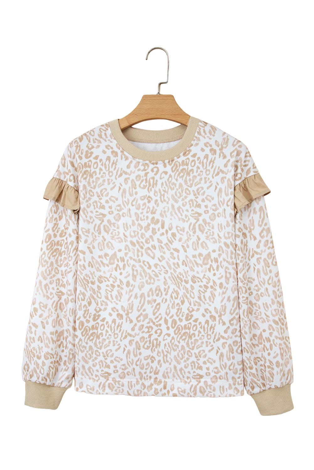 Khaki Leopard Ruffle Detail Ribbed Trim Round Neck Sweatshirt
