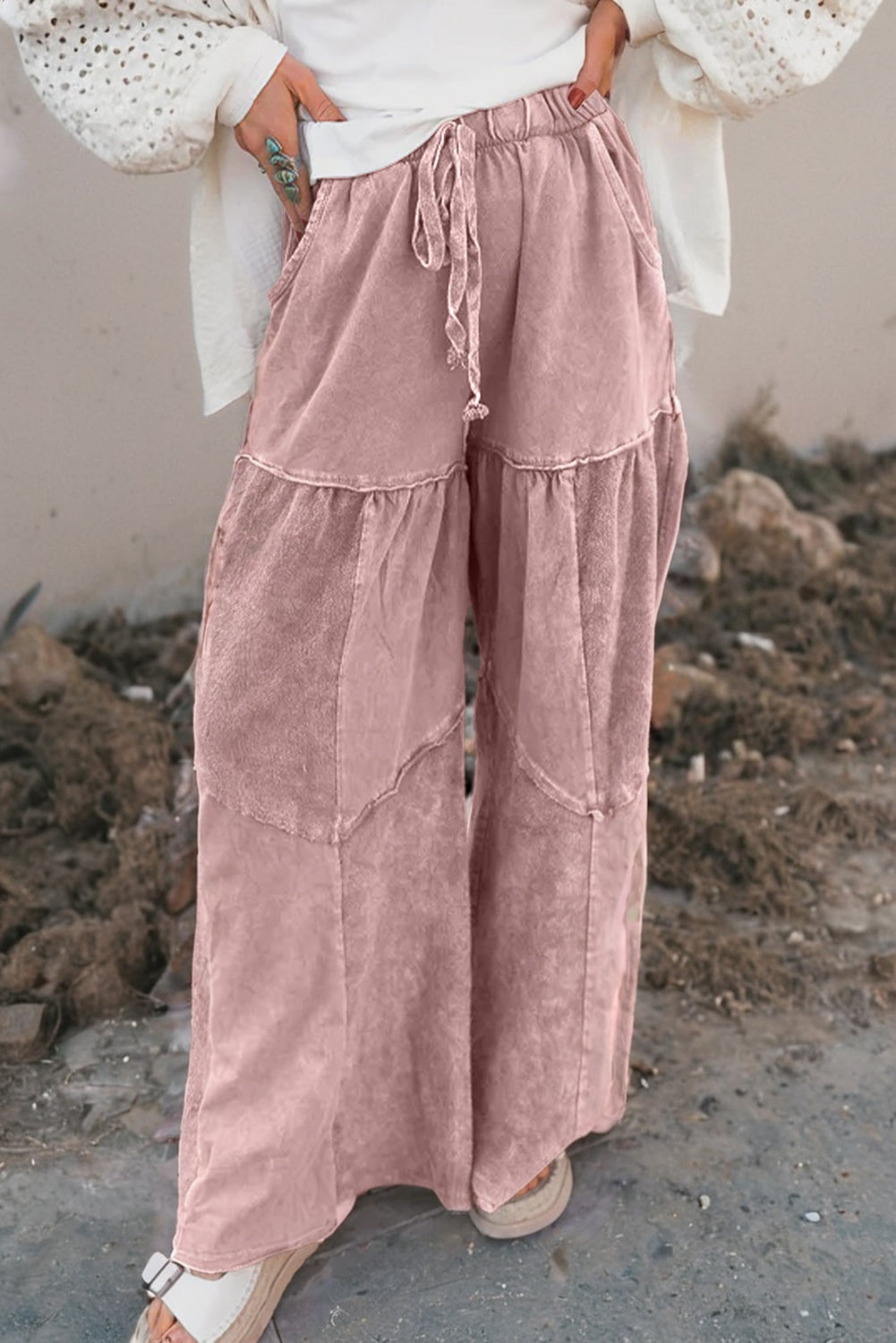 Straw Yellow Mineral Wash Tiered Wide Leg Patchwork Drawstring Pants