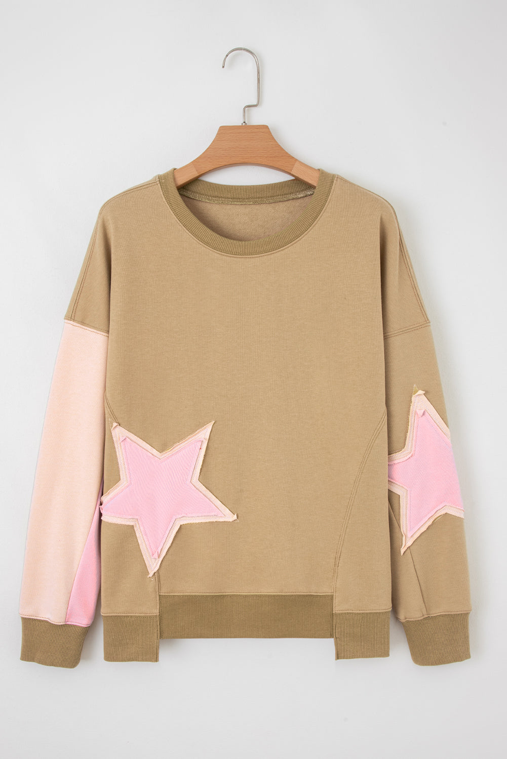 Sage Green Contrast Star Patchwork Exposed Seam Uneven Hem Drop Shoulder Sweatshirt