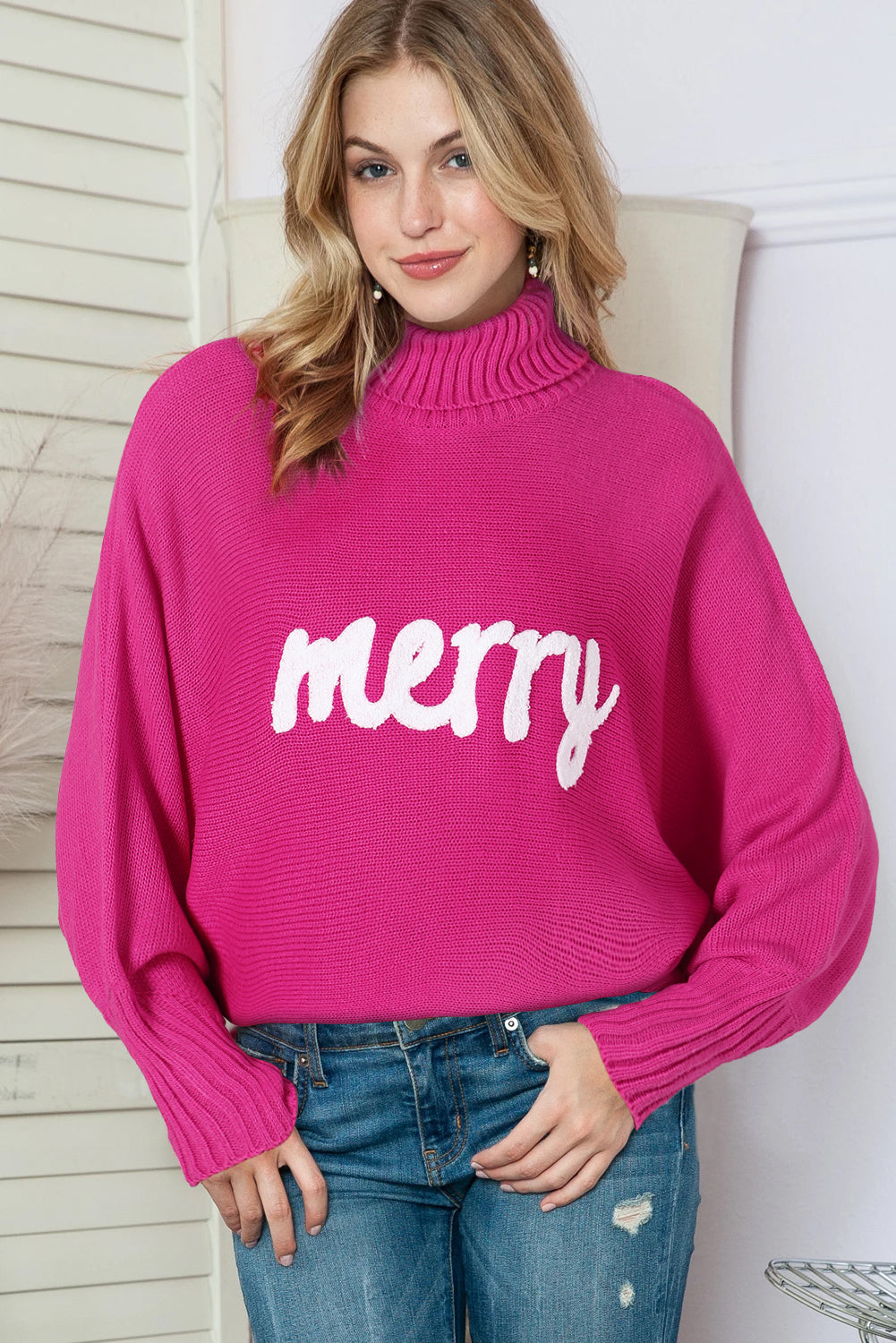 Blackish Green Merry Letter Embroidered High Neck Sweater