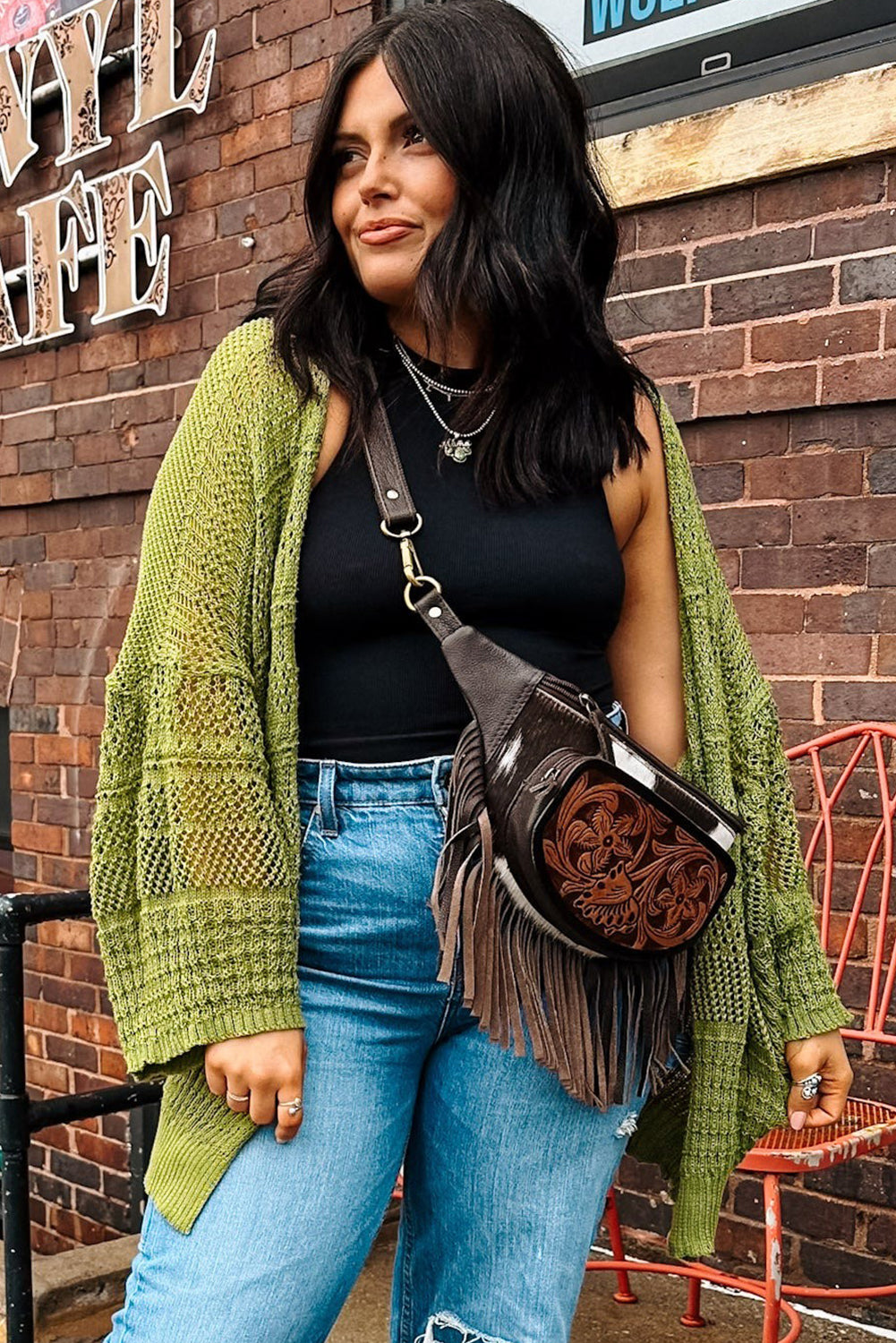 Spinach Green Oversize Crochet Knit Open Cardigan