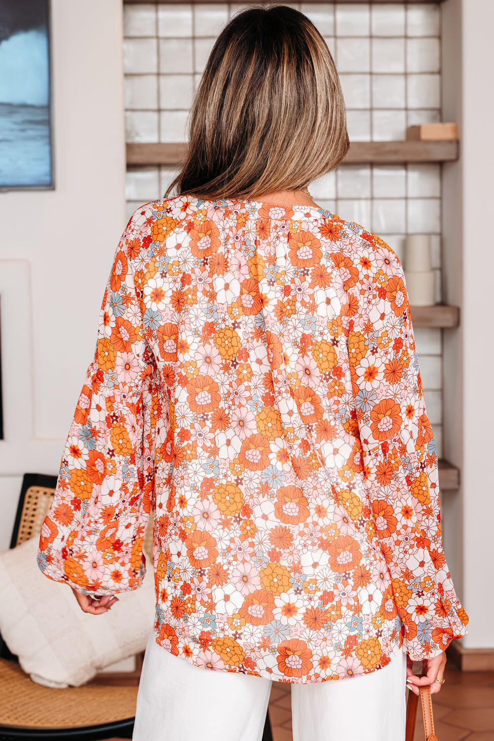 Yellow Floral Print V Neck Long Puff Sleeve Top