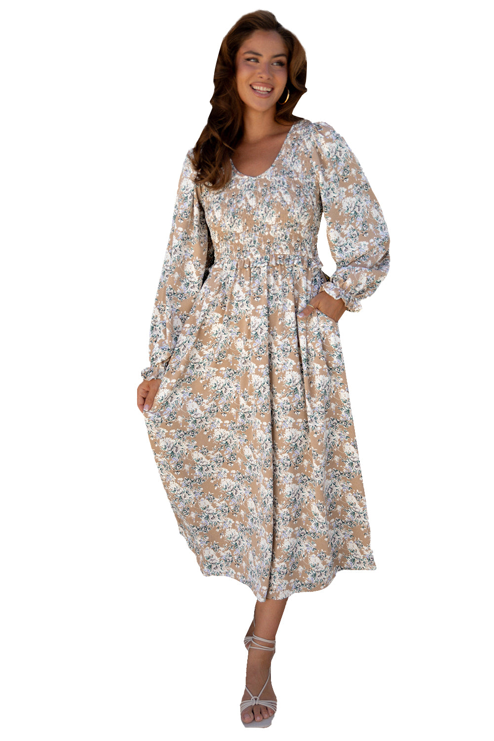 Khaki Maple Grove Floral Smocked Puff Sleeve Long Dress
