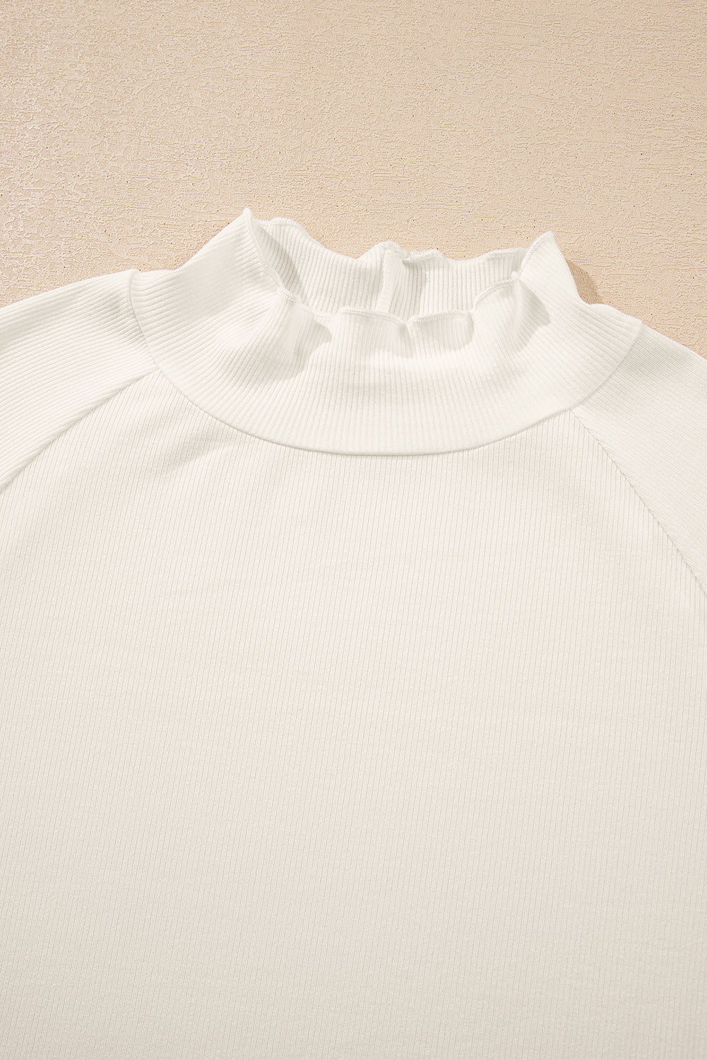 White Ribbed Knit Lettuce Trim High Neck Long Sleeve Top