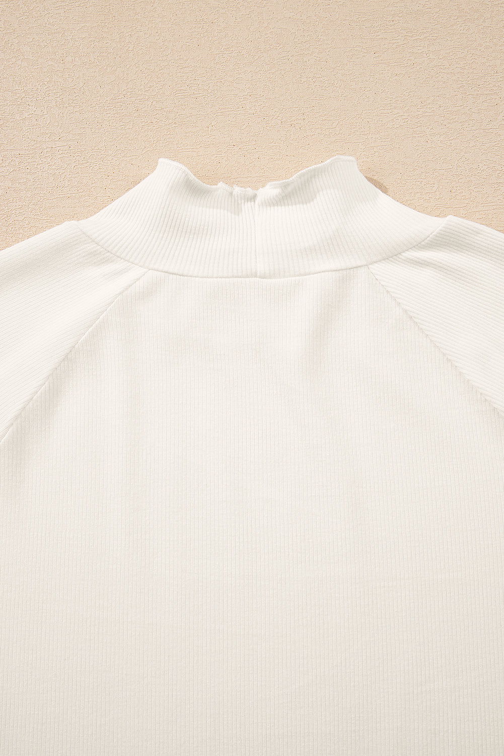 White Ribbed Knit Lettuce Trim High Neck Long Sleeve Top