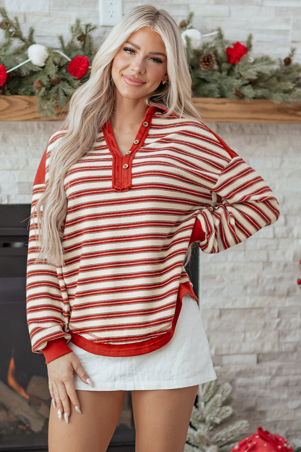Red Stripe Buttoned V Neck Collared Drop Shoulder Top
