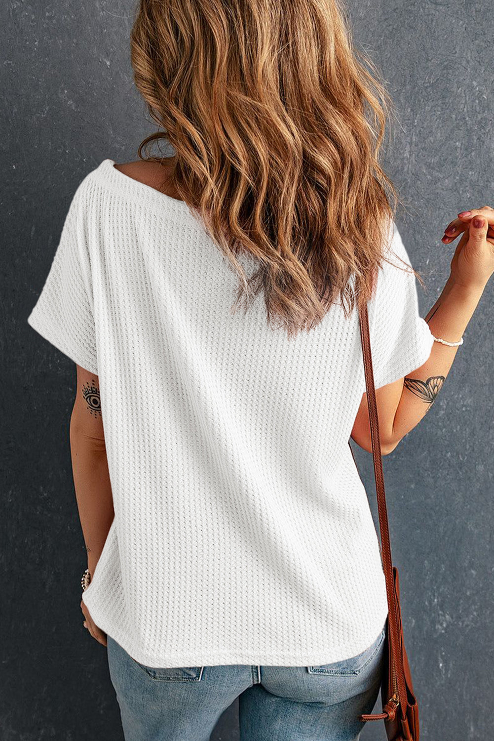 Black Waffle Knit Boat Neck Short Sleeve Top