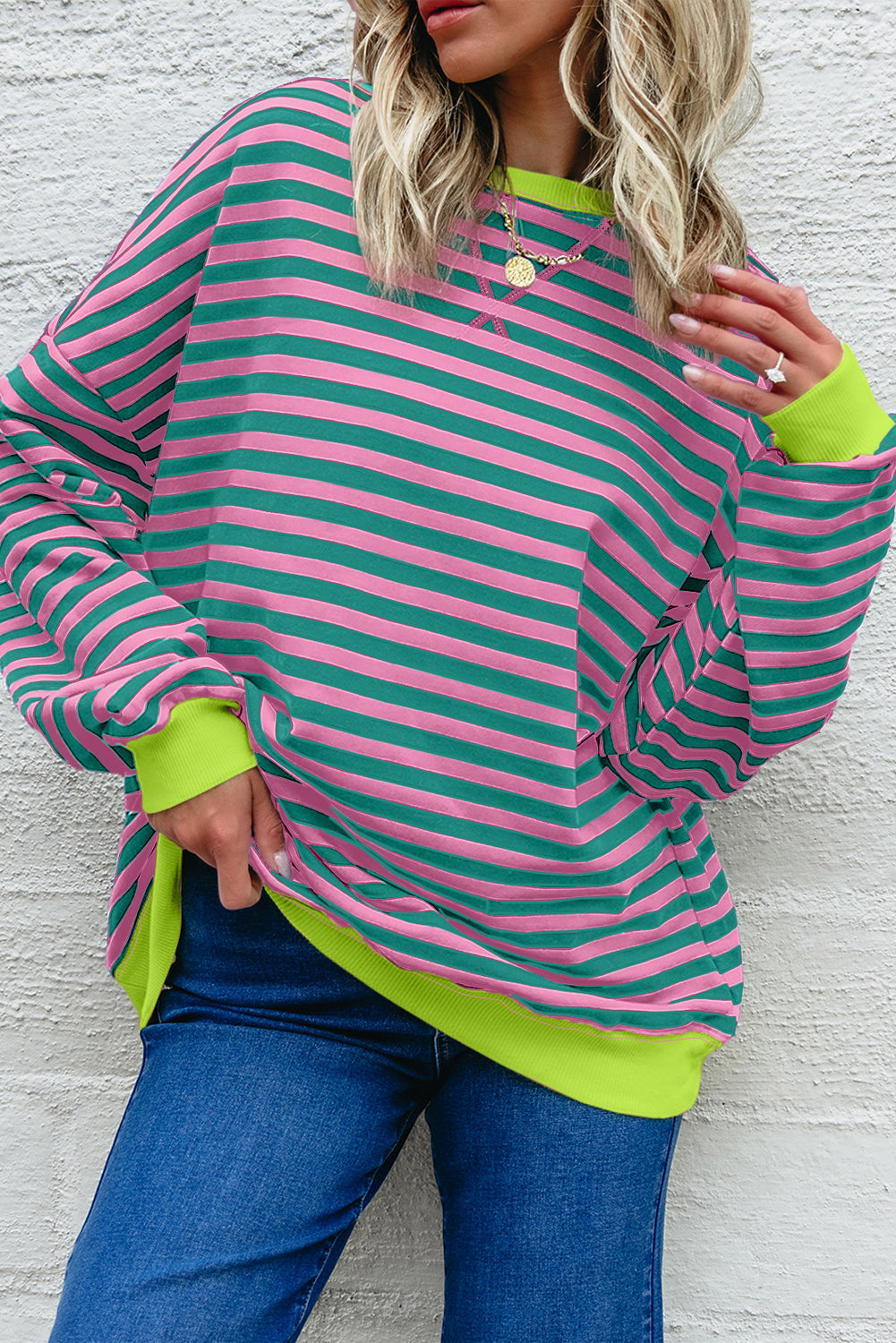 Green Stripe Contrast Ribbed Trim Crossed Stitch Drop Shoulder Sweatshirt
