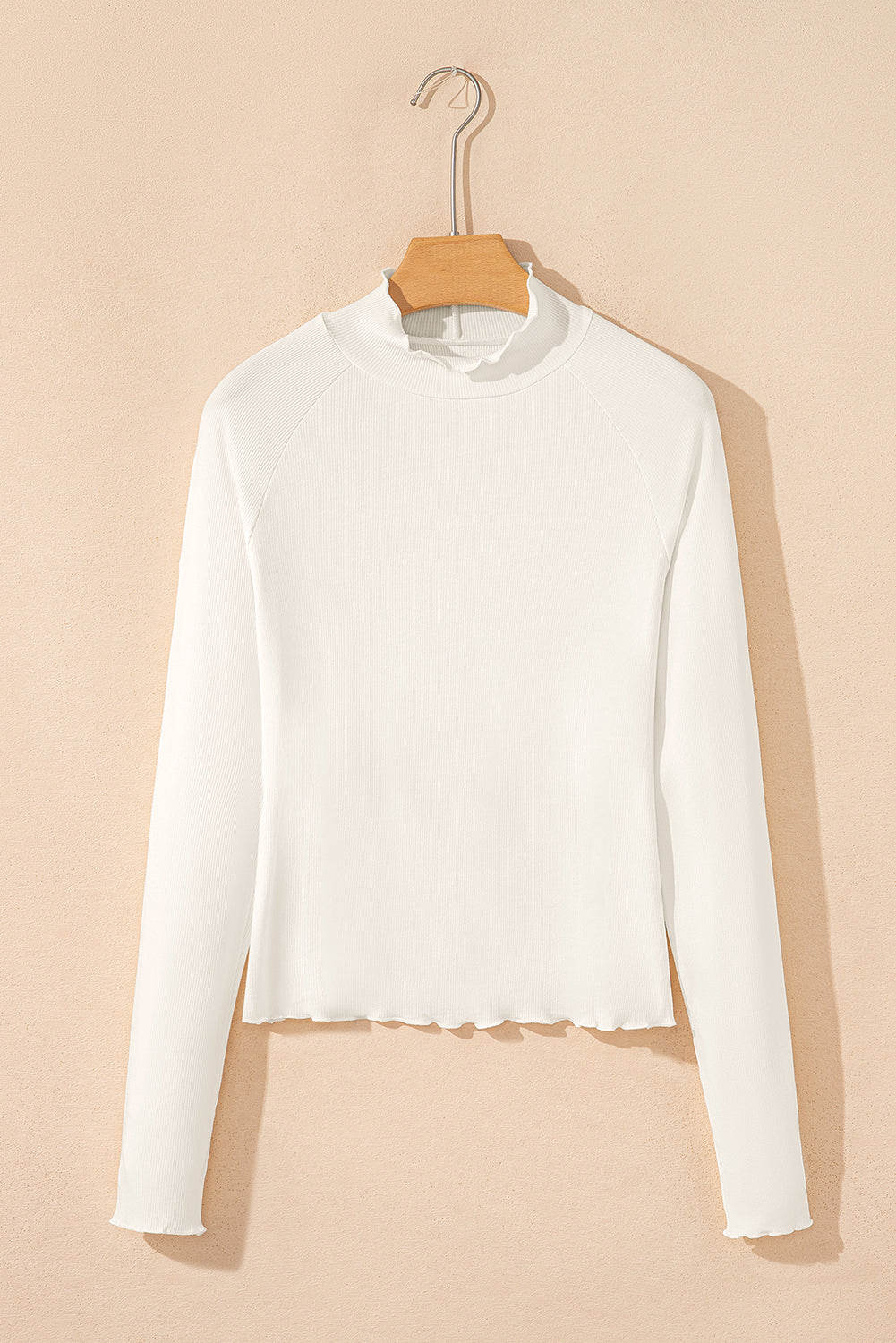 White Ribbed Knit Lettuce Trim High Neck Long Sleeve Top