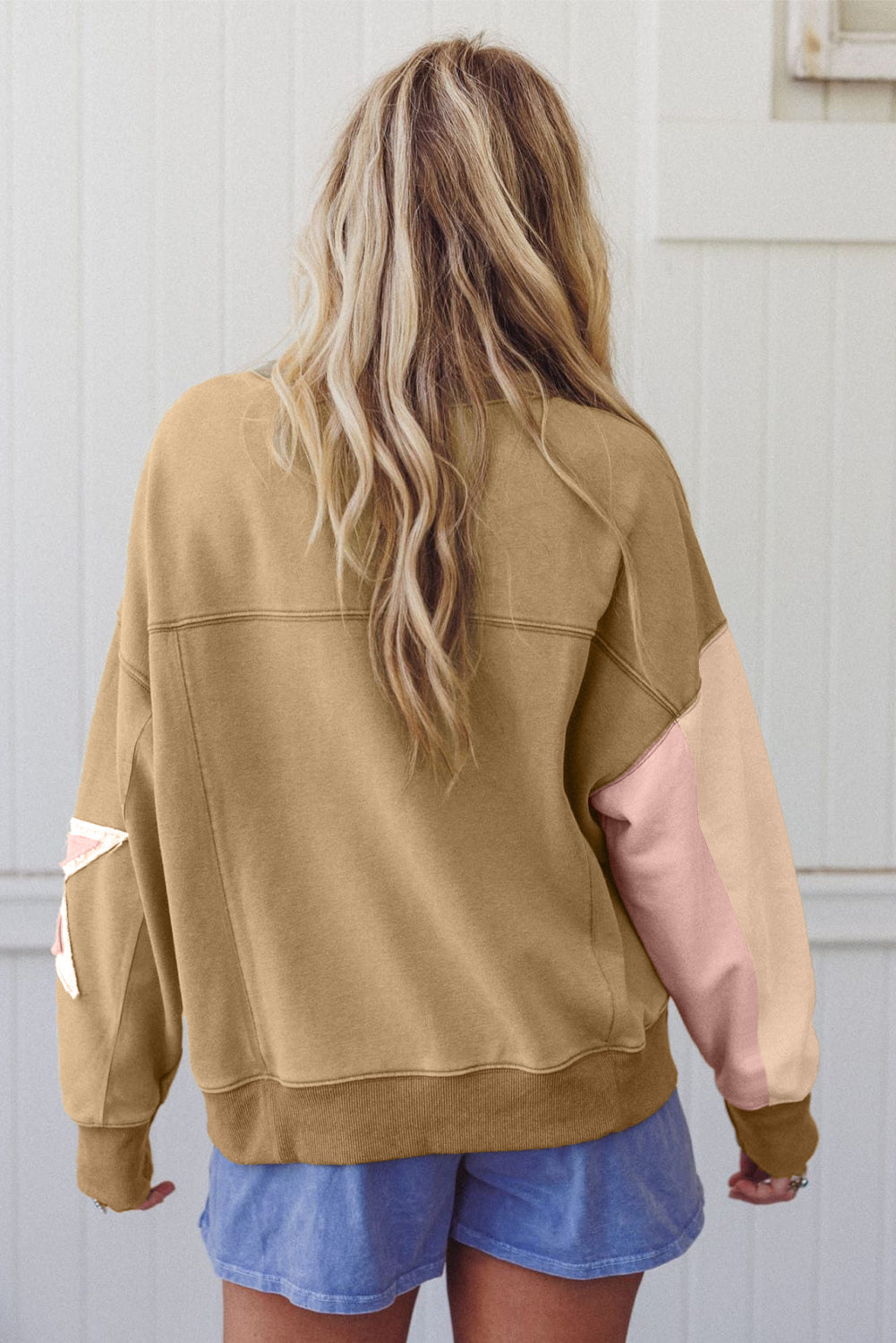 Sage Green Contrast Star Patchwork Exposed Seam Uneven Hem Drop Shoulder Sweatshirt