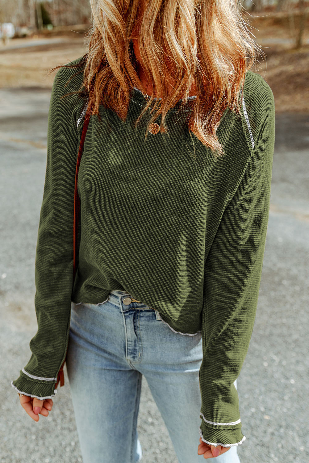 Apricot Textured Round Neck Long Sleeve Top