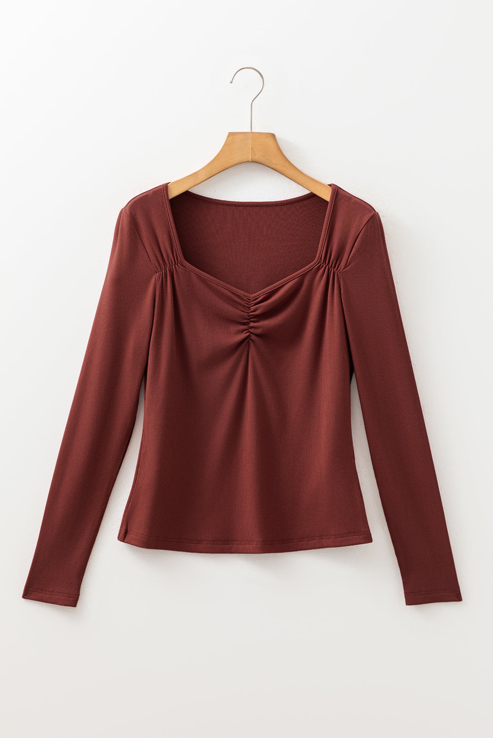 Old Rose Gathered Bust Square Neck Ribbed Fit Long Sleeve Top