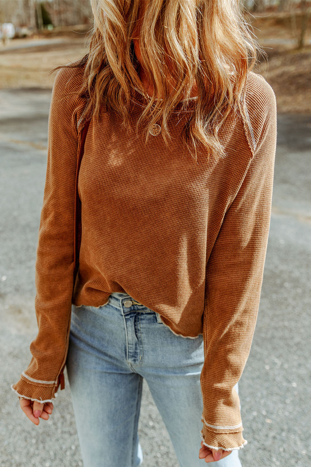 Apricot Textured Round Neck Long Sleeve Top
