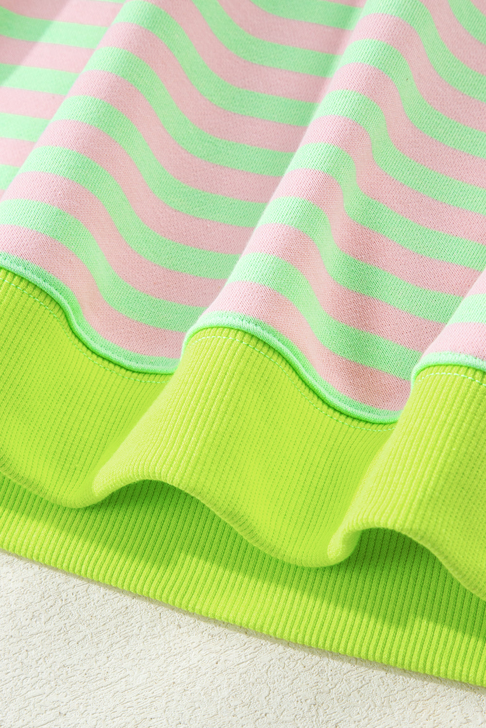 Green Stripe Contrast Ribbed Trim Crossed Stitch Drop Shoulder Sweatshirt