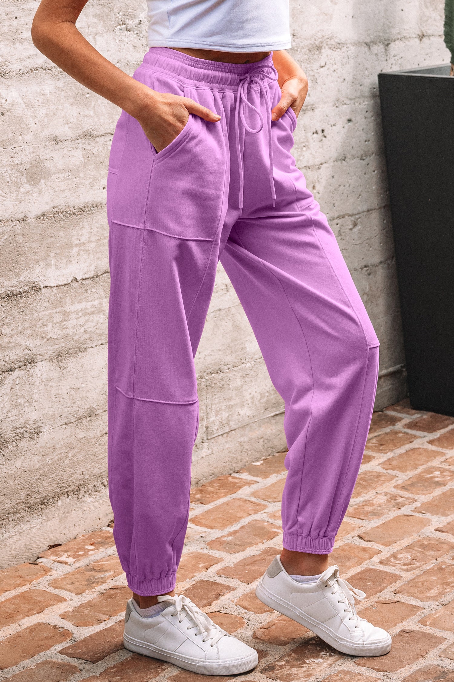 Lilac Drawstring Elastic Waistband Solid Color Jogger Pants