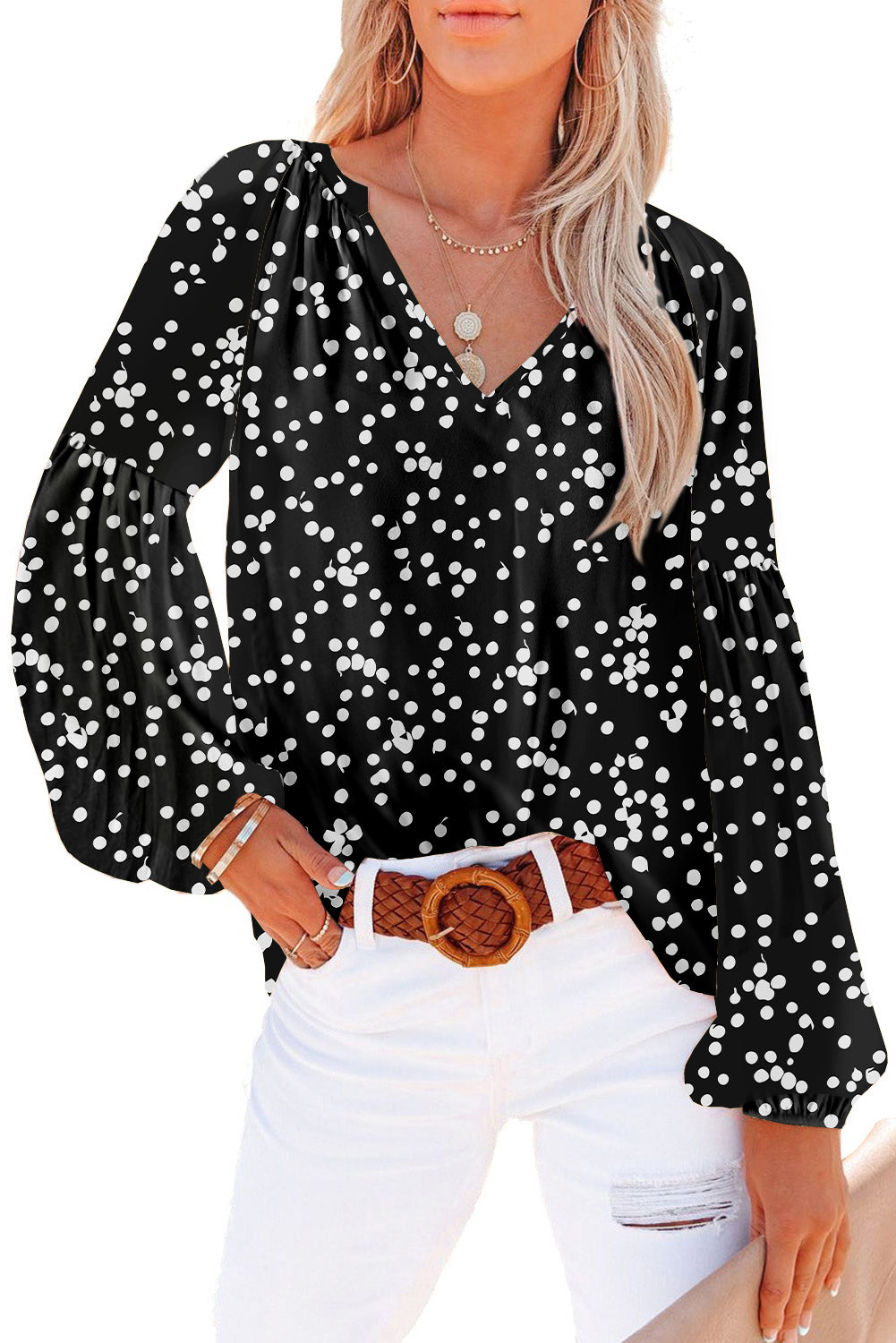 Yellow Floral Print V Neck Long Puff Sleeve Top