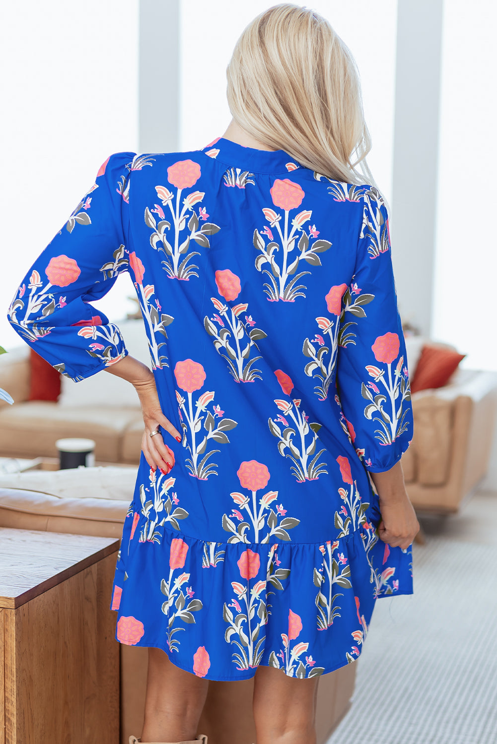 Blue Floral Print Button Detail 3/4 Puff Sleeve Ruffle Hem Dress