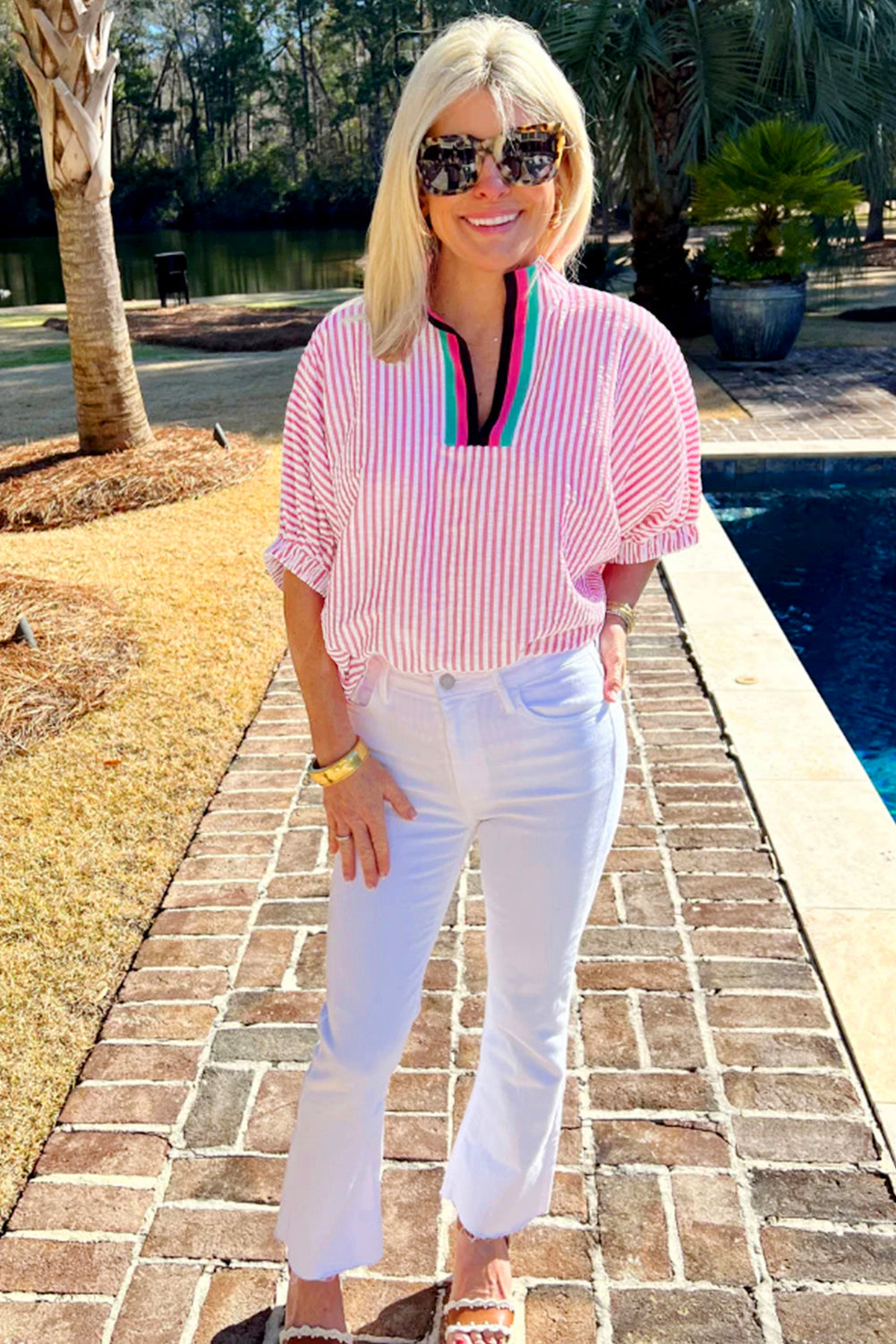 Sky Blue Striped Print Contrast Split Neck Dolman Sleeve Blouse
