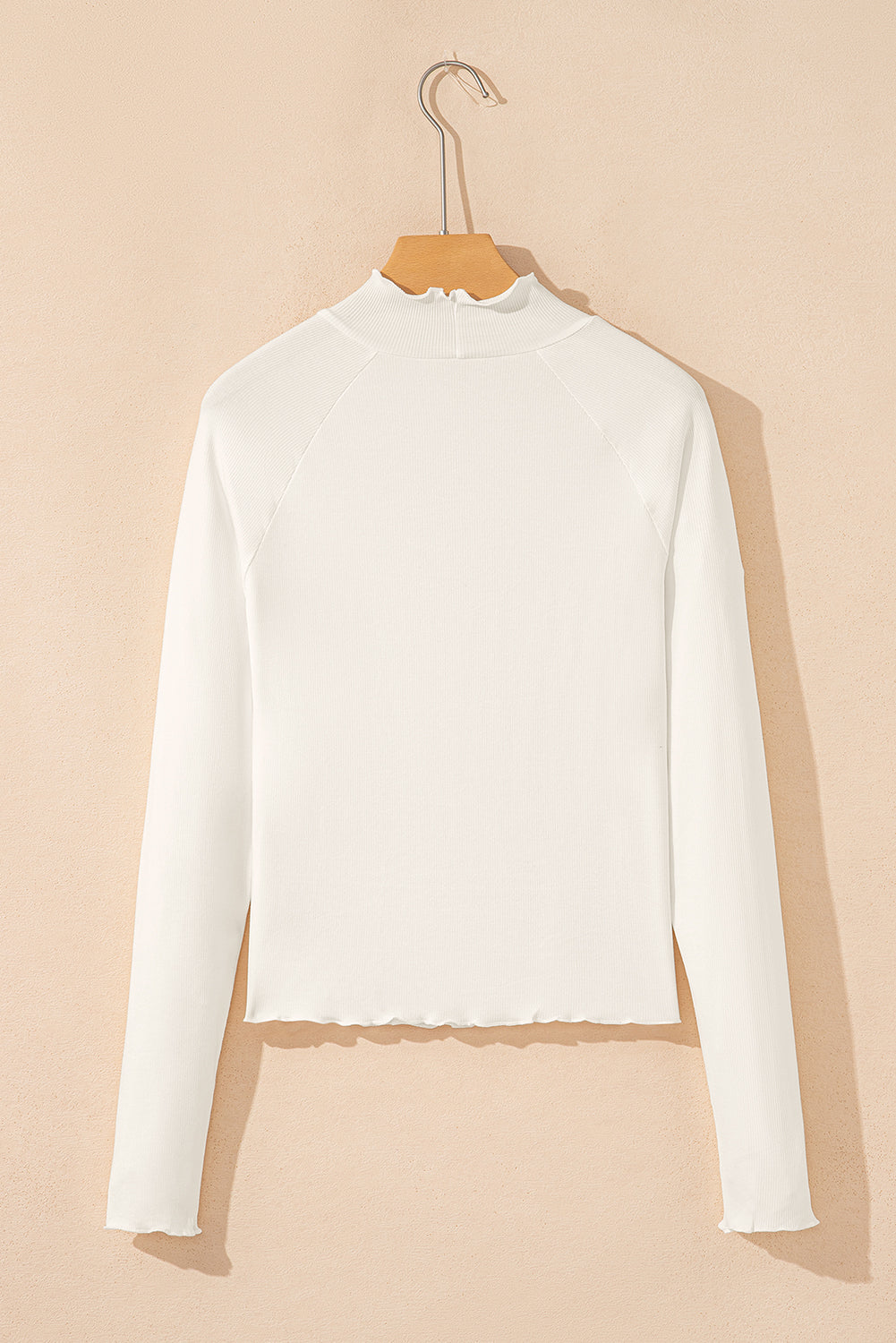 White Ribbed Knit Lettuce Trim High Neck Long Sleeve Top