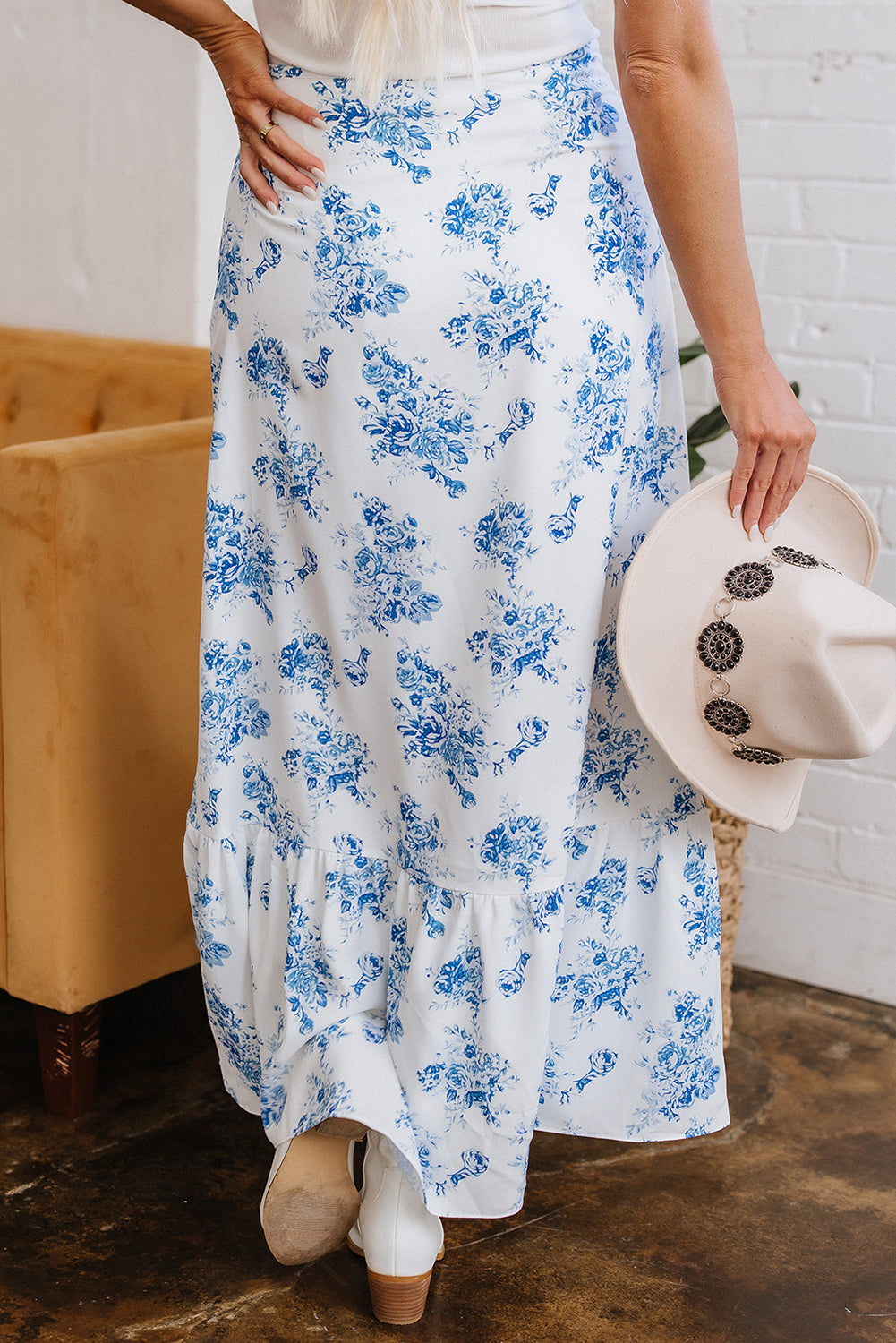 Rose Boho Floral High Waist Ruffle Split Maxi Skirt