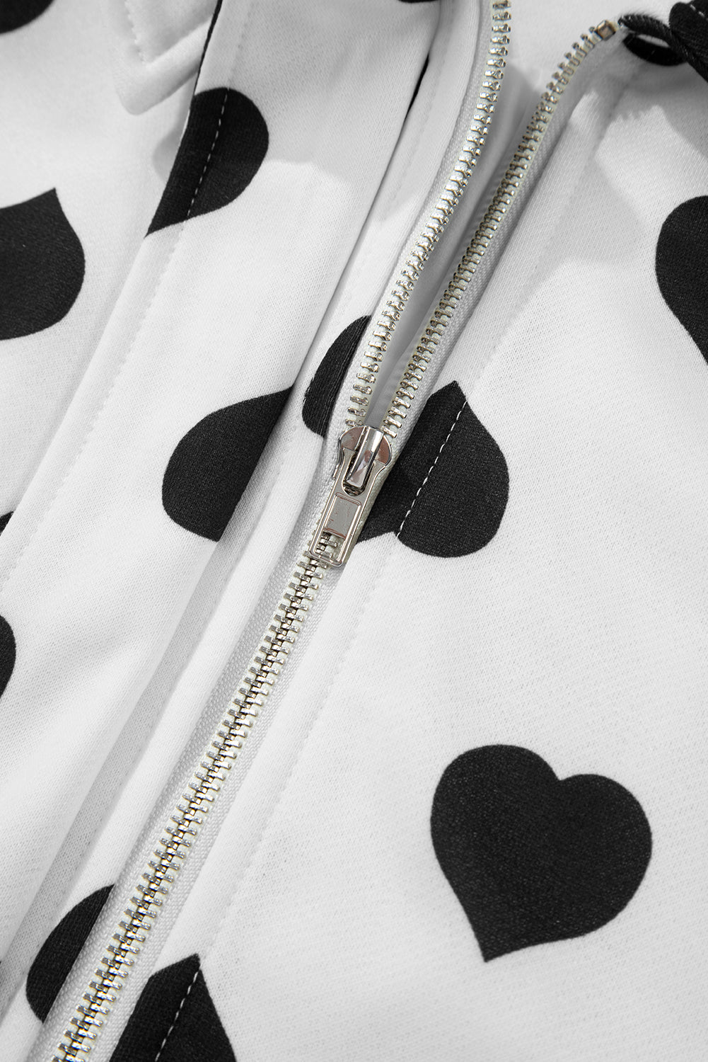 White Double Flap Pocket Heart Print Collar Zip Jacket