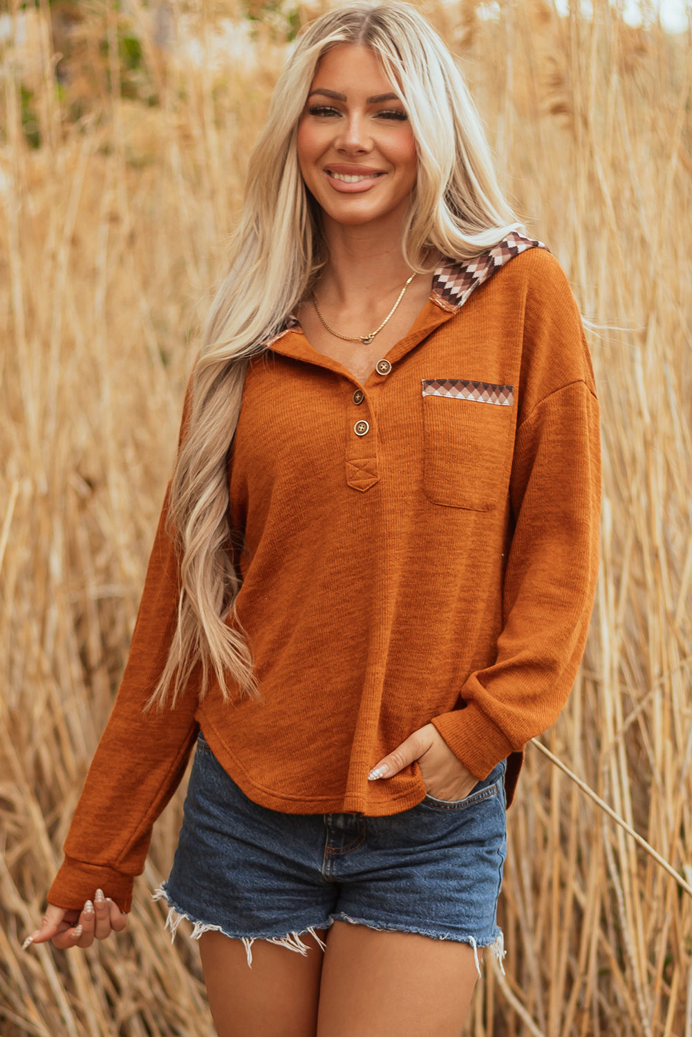 Straw Yellow Contrast Plaid Hood Patchwork Chest Pocket Henley Top