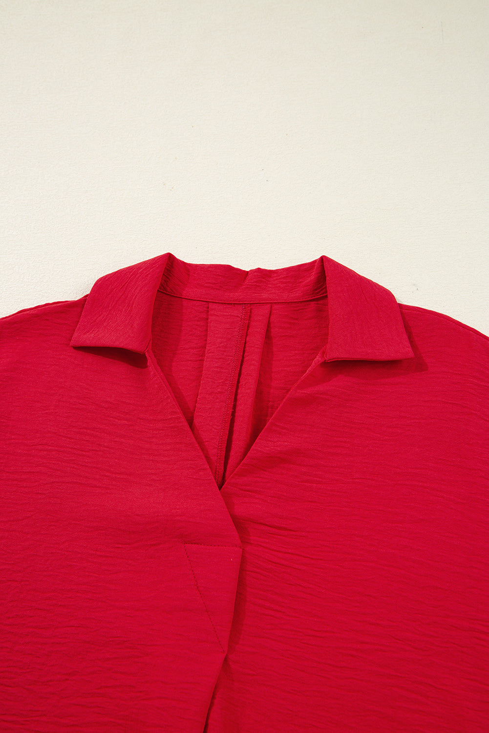 Fiery Red V Neck Collared Shirred 3/4 Sleeve Oversized Tunic Top