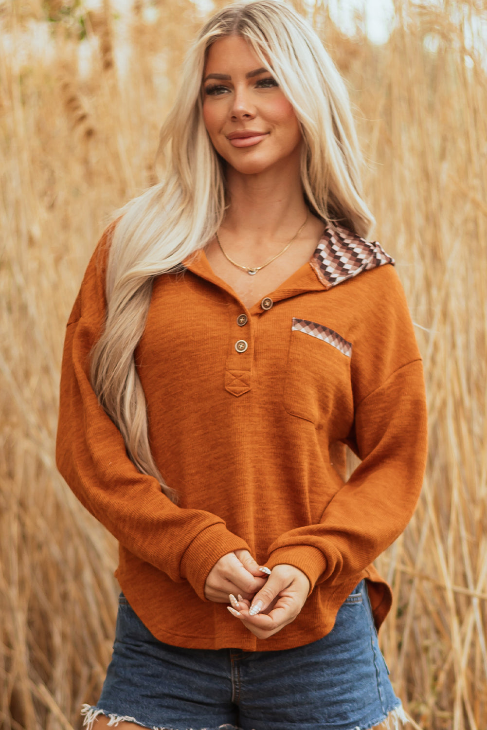 Straw Yellow Contrast Plaid Hood Patchwork Chest Pocket Henley Top
