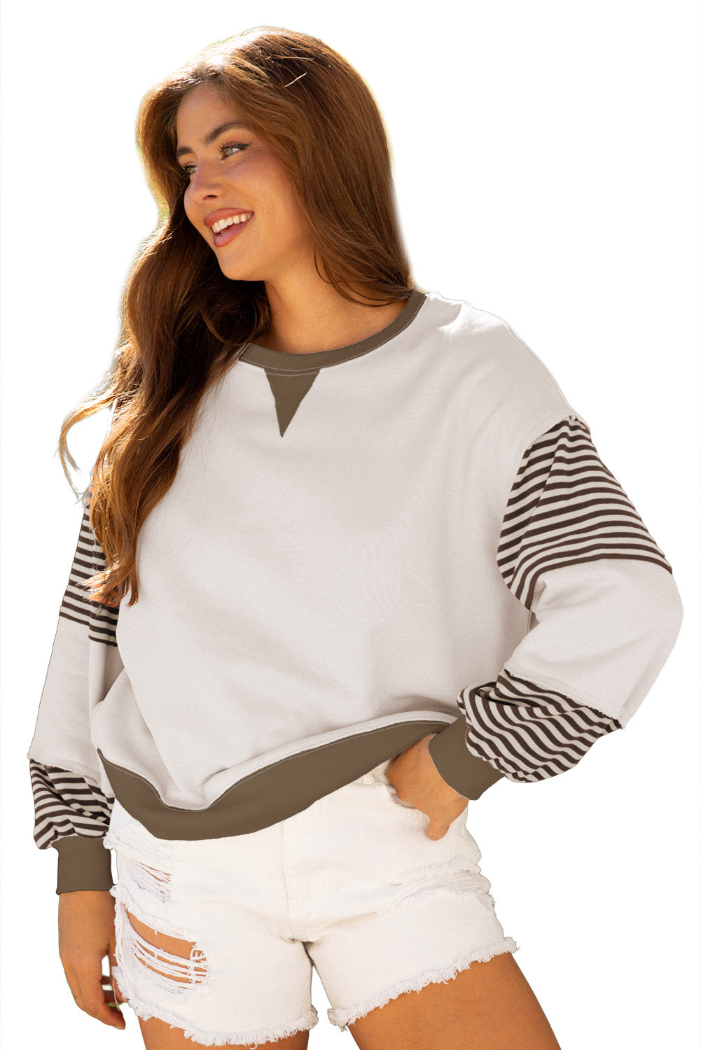 Parchment Striped Colorblock Patchwork Drop Shoulder Sweatshirt