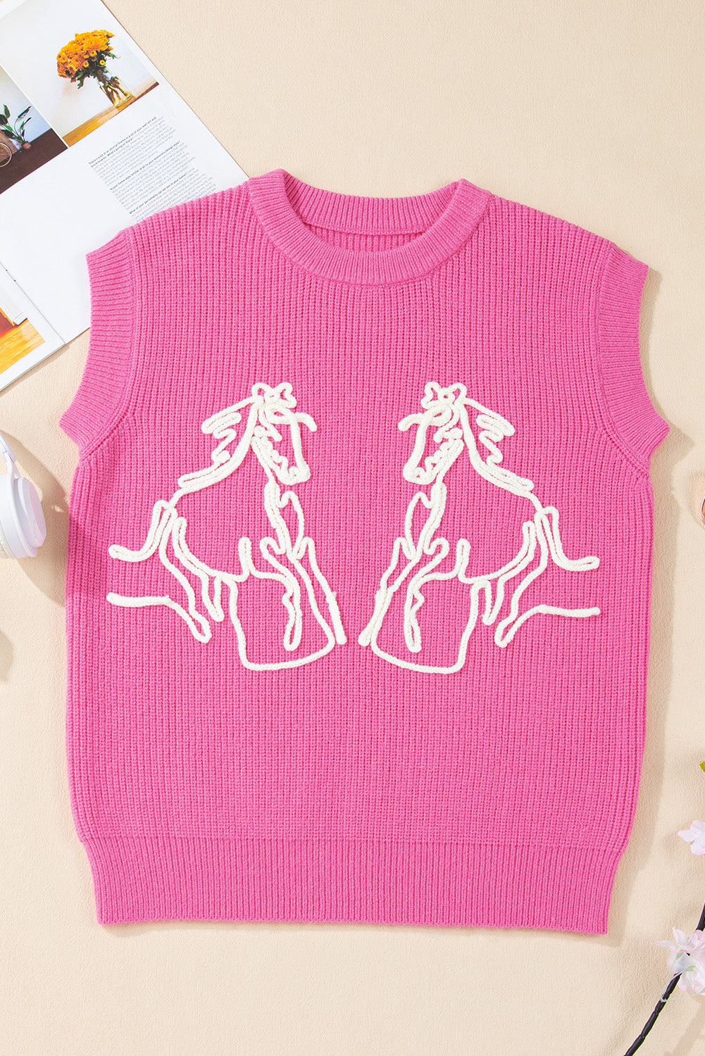 Sachet Pink Western Horse Embroidered Round Neck Sweater Tee