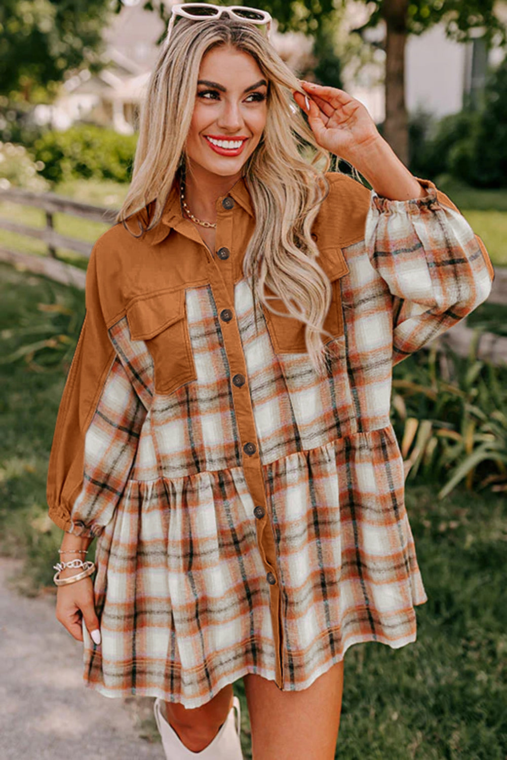 Khaki Plaid Color Block Patchwork Ruffle Hem Tunic Shirt Dress