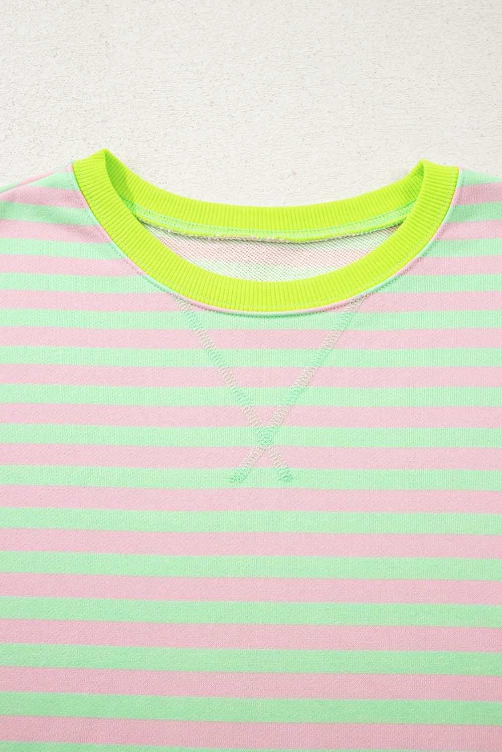 Green Stripe Contrast Ribbed Trim Crossed Stitch Drop Shoulder Sweatshirt