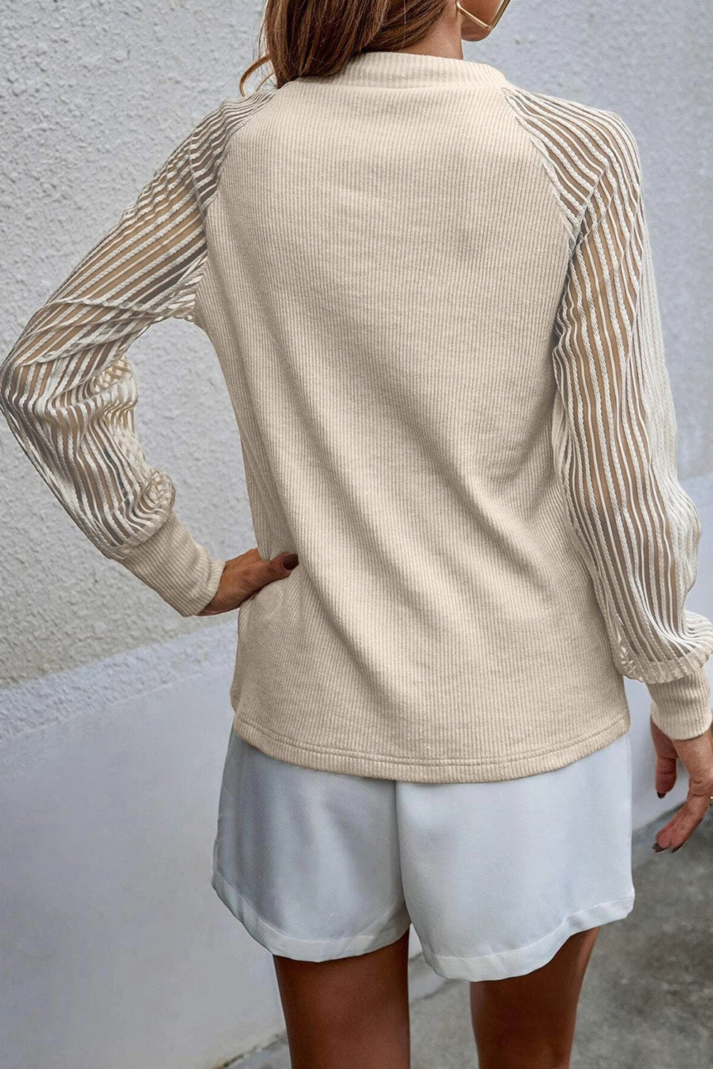 Pink Black Striped Mesh Long Sleeve Crewneck Ribbed Top