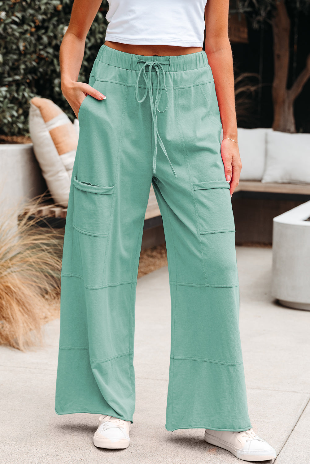 Bonbon Mineral Wash Exposed Seam Drawstring Elastic Waistband Wide Leg Cargo Pants