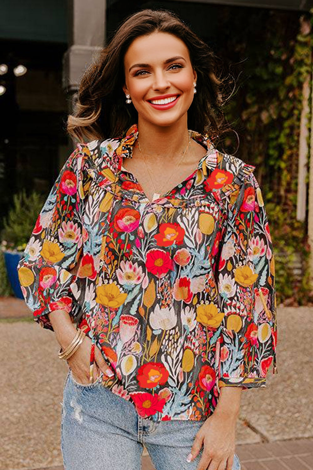 Black Floral 3/4 Puff Sleeve Tied Neck Blouse