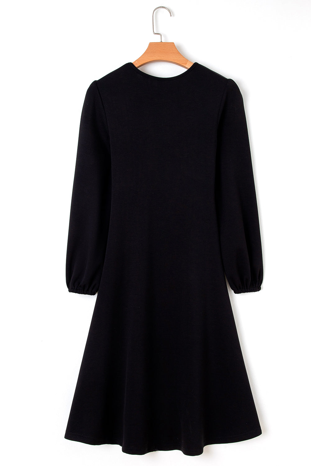 Black Solid Color Ruched Detail Long Sleeve Midi Dress