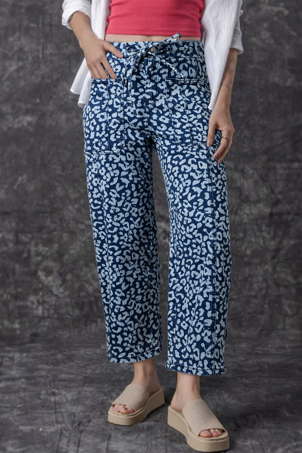 Blue Leopard Printed Drawstring Elastic Waistband Pocketed Wide Leg Jeans