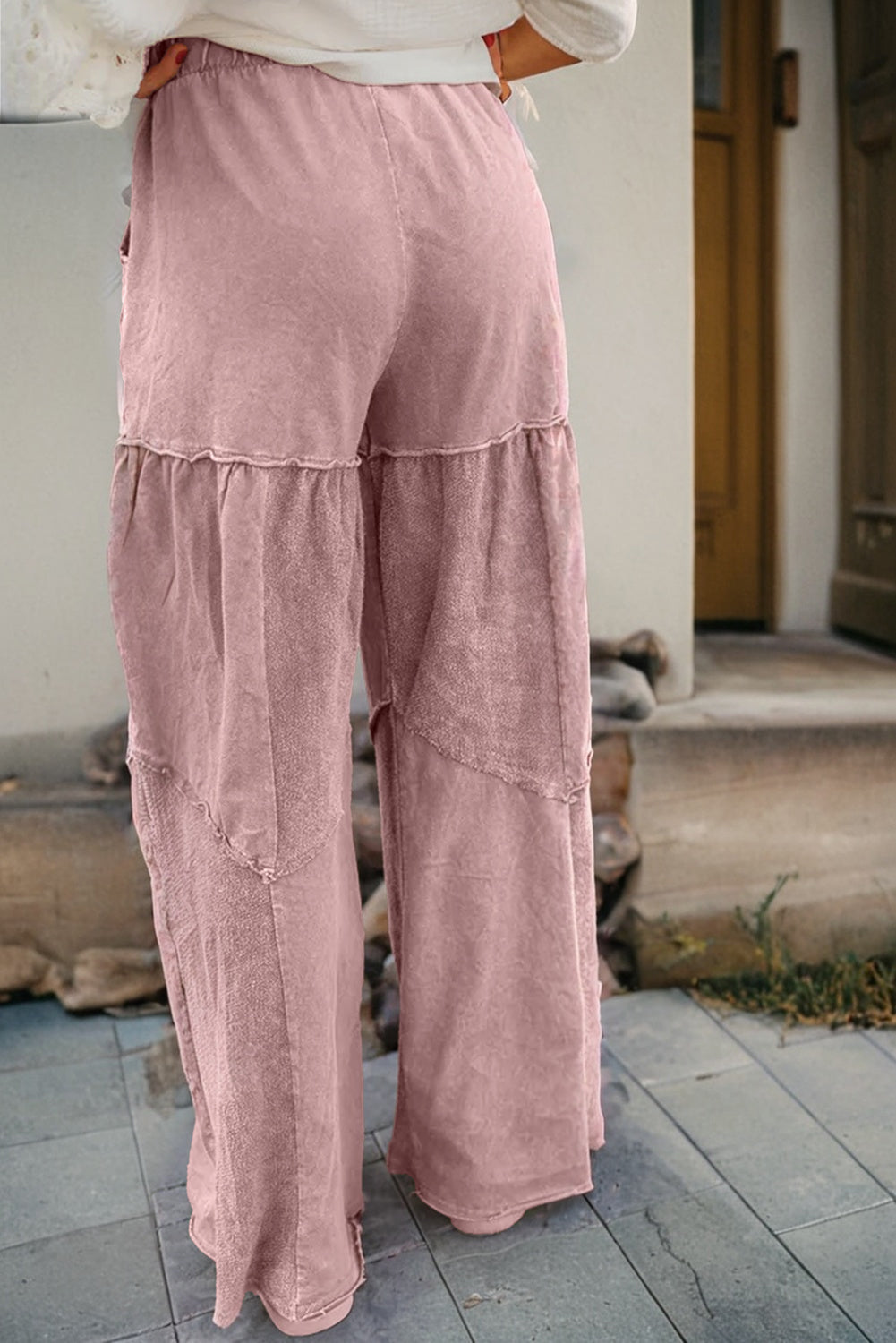 Straw Yellow Mineral Wash Tiered Wide Leg Patchwork Drawstring Pants